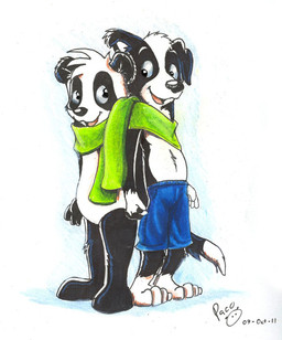 anthro black_body black_fur black_nose clothed clothing duo featureless_crotch fur glistening glistening_eyes green_scarf logo male male_anthro nude open_mouth open_smile scarf smile standing topless white_body white_fur pandapaco parinton roni_(imroni) bear border_collie canid canine canis collie domestic_dog giant_panda herding_dog mammal pastoral_dog sheepdog 2011 artist_logo dated signature