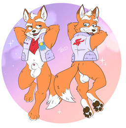 4_toes animal_genitalia anthro anus backsack balls barefoot black_pawpads blue_eyes bottomless bottomless_male butt clothed clothing countershade_feet countershading eyebrows feet fur genitals kerchief male navel neckerchief neckwear orange_body orange_fur pawpads paws penis penis_tip sheath smug soles solo tail toes topwear vest whiskers tbid nintendo star_fox fox_mccloud canid canine fox mammal hi_res