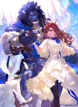 anthro armor blue_body blue_fur blue_hair braided_hair breasts building clothing dress duo female fur hair human_on_anthro interspecies looking_down loose_feather male male/female outside red_eyes red_hair size_difference smile whiskers white_clothing white_dress kazashino cygames shadowverse felid human lion mammal pantherine 2025 hi_res official_art