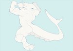 5_toes anthro balls blue_background blush butt claws erection feet fin genitals head_fin humanoid_genitalia humanoid_penis kneeling male muscular muscular_anthro muscular_male nude penis simple_background solo tail tail_fin teeth toes dragondrawer fish marine shark