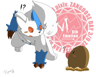 ambiguous_gender anthro blue_body blue_fur blue_markings blush brown_body duo feral fur interrobang markings question_mark tail text white_body white_fur dipo_(artist) pikababy nintendo pokemon zangoose_day diglett generation_1_pokemon generation_3_pokemon pokemon_(species) shiny_pokemon zangoose 5:4 digital_media_(artwork) english_text