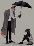 age_difference anthro black_body black_fur black_nose bottomwear clothing coat collared_shirt duo fur jacket kemono looking_at_another male male/male office_clothing orange_body orange_fur outside raincoat red_eyes shirt shorts tank_top topwear umbrella wet yellow_eyes young young_anthro young_male k0bit0wani canid canine felid fox leopard mammal pantherine absurd_res hi_res adopted_(lore) adopted_son_(lore) adoptive_father_(lore)