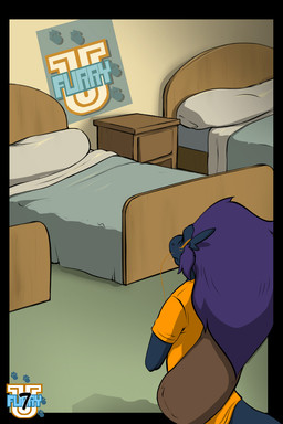 anthro backpack bed clothed clothing furniture hair inside logo male pillow poster solo standing text wall_(structure) tenaflux mythology tene_(character) dragon mythological_creature mythological_scalie scalie 2:3 comic english_text hi_res