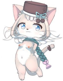 anthro areola barefoot blue_eyes braided_hair breasts clothing dwarfism feet female genitals hair hands_behind_back hat headgear headwear kemono mostly_nude navel nipples paws pink_areola pink_nipples semi-anthro simple_background solo standing topwear vulva white_background bunnag cat_busters melia_(cat_busters) domestic_cat felid feline felis mammal digital_media_(artwork) hi_res shaded