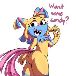 anthro big_butt black_eyes blue_body butt candy dessert dialogue eyelashes female flat_chested food holding_candy holding_food holding_object looking_at_viewer pinata sharp_teeth simple_background solo talking_to_viewer teeth text thick_thighs white_background wide_hips yellow_body sillytypefella blushcrunch_studio dandy's_world yatta_(dandy's_world) animate_inanimate living_pinata toon_(dandy's_world) 1:1 english_text hi_res