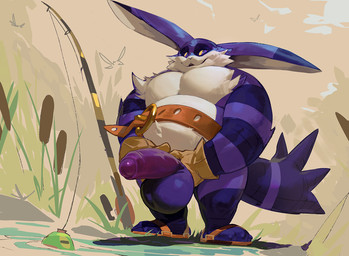 anthro balls belly belt big_balls big_belly big_penis brown_belt brown_clothing brown_gloves brown_handwear cattail_(plant) clothing erection fishing_rod fur genitals glans gloves handwear holding_penis humanoid_genitalia humanoid_penis looking_at_viewer male moobs outside overweight overweight_anthro overweight_male penis purple_balls purple_body purple_eyes purple_fur purple_glans purple_penis purple_tail standing striped_arms tail water white_body white_fur yellow_sclera darkgem sega sonic_the_hedgehog_(series) big_the_cat froggy_(sonic) avian bird domestic_cat felid feline felis mammal digital_drawing_(artwork) digital_media_(artwork) hi_res shaded