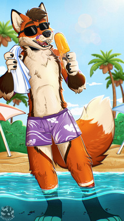 anthro beach clothed clothing eyewear feet fingers food fur hair holding_food holding_object holding_popsicle male outside palm_tree partially_submerged plant popsicle popsicle_melting sand seaside smile solo standing sunglasses swimming_trunks swimwear tail toes topless topless_anthro topless_male towel towel_on_shoulder tree umbrella water whiteklaw felix_the_fox canid canine fox mammal 9:16 digital_media_(artwork) hi_res