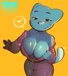 2024 absurd_res anthro big_breasts blue_body blue_fur breasts cartoon_network cleavage clothed clothing domestic_cat edalv felid feline felis female fur glistening glistening_breasts heart_symbol hi_res huge_breasts looking_at_viewer mammal mature_anthro mature_female nicole_watterson open_mouth open_smile simple_background smile smiling_at_viewer solo the_amazing_world_of_gumball