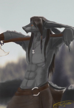 anthro axe battle_axe big_ears forest fur grey_body grey_fur hair long_hair long_tail melee_weapon plant red_eyes simple_background solo tail tree viking weapon hierro_(artist) hierro canid canine canis mammal wolf 2016 digital_media_(artwork) hi_res