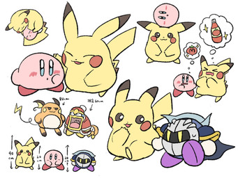 :3 >_< ambiguous_gender armor biped blue_eyes blush brown_eyes carrying_another chart cuddling eyes_closed feral food fur group hand_holding height_chart jaw_drop ketchup looking_at_another male maxim_tomato on_head open_mouth open_smile orange_body orange_fur petting pink_body simple_background sleeping smile smug standing text thought_bubble walking white_background yellow_body yellow_eyes yellow_fur misdoailovez kirby_(series) nintendo pokemon king_dedede kirby meta_knight avian bird generation_1_pokemon mammal pikachu pokemon_(species) raichu rodent waddle_dee waddling_head 2020 4:3 digital_media_(artwork) hi_res japanese_text multiple_images