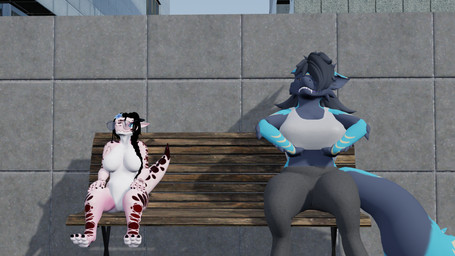 accessory anthro arm_markings bench big_breasts black_body black_claws black_fur black_hair black_horn blue_body blue_eyes blue_flower blue_fur bra braided_hair braided_ponytail breasts brown_body brown_hair brown_horn brown_scales building casual_nudity claws clothed clothed_anthro clothed_female clothing concrete_wall duo eyeshadow eyewear facial_markings featureless_breasts featureless_crotch female flower flower_in_hair fluffy fluffy_tail forehead_markings fur furniture glasses grey_sweatpants hair hair_accessory hair_over_eye head_markings horn looking_at_another looking_to_sky makeup markings midriff navel no_sclera nude nude_anthro nude_female on_bench pink_body pink_skin plant plated_scales ponytail purple_eyeshadow removing_topwear scales sitting sitting_on_bench sky snaggle_teeth snaggle_tooth sports_bra tail tail_markings teeth toothy_smile underwear undressing ventral_scales wall_(structure) white_body white_bra white_clothing white_scales white_sclera white_skin white_sports_bra white_underwear wood wood_bench wood_furniture yellow_eyes yellow_markings k'braid dvorakir_(modeler) nicoreda_(modeler) blender_eevee mythology rhasakani sevan_(k'braid) dergodal dragon furred_dragon furred_drake furred_scalie kobold kyra_kobold mythological_creature mythological_scalie scalie 16:9 3d_(artwork) blender_(artwork) digital_media_(artwork) hi_res widescreen