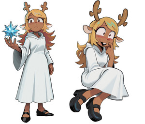 anthro antlers blush buckteeth clothed clothing elemental_manipulation female footwear freckled_face freckles hair horn ice_manipulation mary_janes shoes simple_background smile solo teeth white_clothing fawken deltarune undertale_(series) noelle_holiday deer mammal new_world_deer reindeer digital_media_(artwork) hi_res