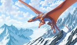 claws cloud dragon fangs feral flying hi_res horn kruvis membrane_(anatomy) mountain mythological_creature mythological_scalie mythology scalie sky smile snow solo tail teeth wings