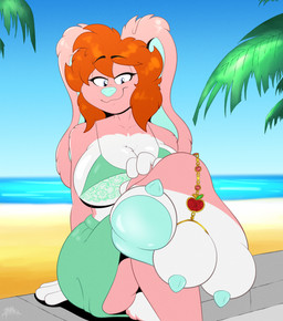 anthro beach beach_background big_breasts bikini bikini_top bottomwear bracelet breasts butt claws clothing digit_ring feet female foot_fetish foot_focus full_foot_pawpads gesture glistening glistening_bracelet glistening_claws glistening_feet gold_(metal) gold_bracelet gold_jewelry hand_gesture jewelry looking_at_viewer paws pointing pointing_at_viewer ring scut_tail short_tail skirt solo swimwear tail toe_claws toe_ring toe_wiggle toes two-piece_swimsuit benjipaws ringo_pumila_(character) lagomorph leporid mammal rabbit hi_res