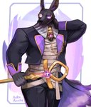 ankh anthro bandage black_body black_fur butler dress_pants fur glowing glowing_eyes hand_on_head male purple_eyes raised_arm solo staff wrapping melon_airaiku dislyte lilith_games drew_(dislyte) anubian_jackal canid canine canis jackal mammal 2023 hi_res