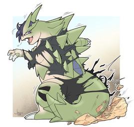 ambiguous_gender claws clothing green_body hair looking_at_viewer looking_back looking_back_at_viewer open_mouth purple_eyes rock simple_background solo species_transformation standing tail torn_clothing transformation shrubie_fox nintendo pokemon generation_2_pokemon human mammal pokemon_(species) tyranitar 2025 digital_media_(artwork) hi_res
