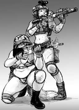 anthro ar-15 armor assault_rifle belly big_belly big_breasts boots breasts camo camo_clothing camo_print cleavage clothed clothing deep_navel dog_tags duo female fighting_pose footwear gloves gun handwear headgear helmet holding_gun holding_object holding_ranged_weapon holding_rifle holding_weapon knee_pads kneeling m16 m16a2 musclegut muscular navel on_one_knee pattern_clothing pose ranged_weapon rifle scar shoes surpressor weapon hladilnik peggy_patterson samantha_thott canid canine canis domestic_dog fox mammal 2025 hi_res monochrome