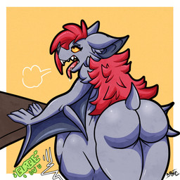 abdominal_bulge against_furniture against_surface against_table anthro bat_ears bat_nose bat_wings belly bent_over big_belly bodily_fluids breath butt digestion digestion_noises fangs female fur furniture hair half-closed_eyes membrane_(anatomy) membranous_wings narrowed_eyes nude nude_anthro nude_female open_mouth raised_tail rear_view saliva saliva_on_tongue soft_vore solo sound_effects table tail teeth text tongue tongue_out vore wings awoogasm bat mammal 1:1 2021 hi_res signature