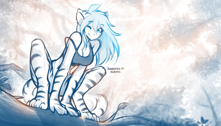 4_toes 5_fingers alternate_species anthro biped bottomless bottomless_anthro bottomless_female branch breasts claws cleavage clothed clothed_anthro clothed_female clothing crossgender crouching digitigrade eyebrow_through_hair eyebrows feet female finger_claws fingers forest front_view fur hair looking_at_viewer markings mtf_crossgender off_shoulder one_eye_closed outside partially_clothed partially_clothed_anthro partially_clothed_female plant shirt smile solo striped_body striped_fur striped_markings striped_tail stripes tail tail_markings tank_top toe_claws toes topwear translucent translucent_hair tree wink conditional_dnp tom_fischbach twokinds tiger_trace trace_legacy felid keidran mammal pantherine tiger 2025 7:4 digital_drawing_(artwork) digital_media_(artwork) hi_res monochrome sketch spot_color