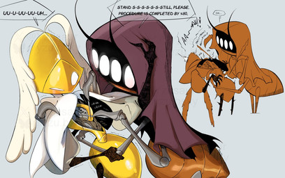 4_arms 4_eyes accidental_sex ambiguous/ambiguous ambiguous_gender antennae_(anatomy) anthro arched_back black_arms blush blush_lines claws cloak clothing cogwheel duo ejaculation feather_tuft feathers grey_background grey_claws hands-free heart_symbol holding_arm holding_needle leaning leaning_backward lidded_eyes looking_pleasured machine metallic_body moan multi_arm multi_eye multi_limb open_chest orange_body orange_head orgasm purple_cloak purple_clothing red_blush repair restrained sex shadow_face simple_background standing stuttering text tools tremble_lines tremble_spikes tuft white_body white_cloak white_clothing white_eyes white_feathers wire wire_play yellow_body yellow_head yzusaur hollow_knight:_silksong hollow_knight_(franchise) team_cherry second_sentinel twelfth_architect arthropod robot robot_anthro 2025 colored digital_media_(artwork) english_text flat_colors shaded watermark nonbinary_(lore)