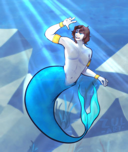 abs armlet blue_body blue_eyes blue_scales blue_tail bracelet brown_hair clothed clothing hair jewelry light light_beam light_body light_skin looking_up male mermaid_tail navel open_mouth open_smile pecs raised_arm scales seaweed smile solo split_form sunbeam sunlight tail teeth topless topless_male underwater water zularts riku_(rikuthemermage) aquatic humanoid_merfolk merfolk hi_res