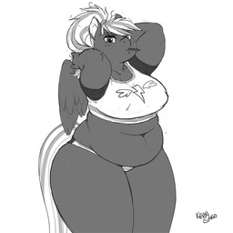 anthro bottomwear breasts clothing feathered_wings feathers female hair hands_behind_head looking_at_viewer navel object_in_mouth overweight overweight_anthro ponytail simple_background solo standing tail topwear white_background wings kevinsano mythology equid equine horse mammal mythological_creature mythological_equine pegasus pony 1:1 monochrome signature