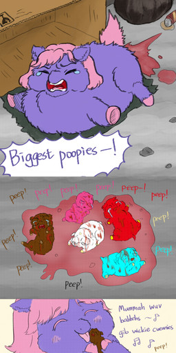 ambiguous_gender birth blood blood_from_vagina blood_in_pussy blood_on_body blue_body blue_fur blush bodily_fluids box brown_body brown_fur cardboard cardboard_box color_coded_text container crying eyes_closed female female_feral feral fur genital_fluids good_parenting gore group hair hooves labor_pains licking live_birth lying neonate on_front pink_blush pink_body pink_fur pink_hair pink_hooves pink_tail pink_tongue post_birth purple_body purple_fur red_body red_fur singing smile tail tears tongue tongue_out trash vaginal_blood vaginal_fluids white_body white_fur young young_ambiguous young_feral yellowcottoncandy030 fluffy_pony fluffy_pony_(species) mammal 1:2 2025 absurd_res comic digital_drawing_(artwork) digital_media_(artwork) hi_res