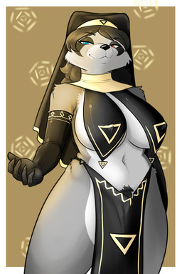 anthro big_breasts breasts clothed clothing female fur hair looking_at_viewer nipples nun pubes simple_background slightly_chubby smile solo tail thick_thighs blackbetty franciene_(tango's_family) mammal procyonid raccoon 2:3 absurd_res hi_res