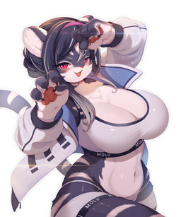 4_fingers anthro athletic_wear big_breasts blush breasts claws cleavage clothed clothing cute_fangs eyebrows eyelashes fangs female female_anthro finger_claws fingers fur hair huge_breasts jacket kemono looking_at_viewer open_clothing open_jacket open_topwear panties pawpads red_eyes smile solo teeth topwear underwear whiskers whooo-ya lee_da_hong felid mammal pantherine tiger digital_media_(artwork) hi_res shaded
