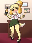 alcohol beverage blush bottomwear clothed clothing desk drunk female furniture looking_at_viewer office panties panty_shot shirt skirt smile solo substance_intoxication table topwear underwear vermelhatan animal_crossing nintendo isabelle_(animal_crossing) canid canine canis domestic_dog mammal 2024 3:4 absurd_res hi_res