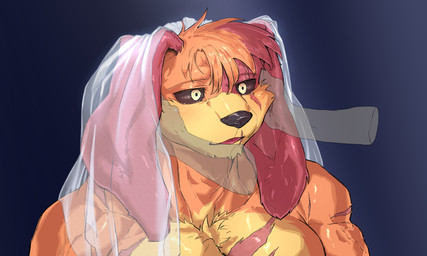 anthro blush chest_scar clothed clothing crossdressing duo eye_scar facial_scar fur holding_face male multicolored_body multicolored_fur muscular muscular_anthro muscular_arms muscular_male orange_body orange_fur pecs scar solo_focus wedding_veil yellow_body yellow_fur pitania4 mob_entertainment poppy_playtime smiling_critters anon dogday_(poppy_playtime) canid canine canis domestic_dog mammal 5:3 hi_res