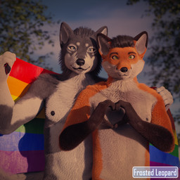 anthro athletic athletic_anthro athletic_male black_body black_fur blue_eyes brown_body brown_fur brown_hair claws duo fluffy fluffy_chest fluffy_ears fluffy_tail fur fuzzy green_eyes grey_body grey_fur hair lgbt_pride male male/male muscular muscular_anthro muscular_male orange_body orange_fur outside paws plant pride_color_flag pride_colors rainbow rainbow_flag rainbow_pride_flag rainbow_symbol realistic romantic romantic_couple side_hug sky tail tree whiskers white_body white_fur frostedleopard canid canine canis fox mammal wolf 1:1 3d_(artwork) blender_(artwork) blender_cycles_(artwork) digital_media_(artwork) watermark