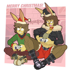abs alternative_fashion anthro band-aid band-aid_on_face band-aid_on_nose bandage bandage_on_face bandage_on_nose bell bell_collar belt boots chimney choker christmas_clothing christmas_headwear clothed clothing collar controller cross_(symbol) duo female fluff_collar footwear fully_clothed game_controller goth hat headgear headwear holidays jacket jewelry leather leather_clothing leather_jacket leather_topwear male necklace on_ground santa_hat shoes sitting sitting_on_ground spiked_belt spiked_boots spiked_clothing spiked_footwear spikes tomboy topwear ponehanon big_bun_burgers christmas dale_(ponehanon) delaila_(ponehanon) delilah_(ponehanon) 2025 hi_res sibling_(lore)