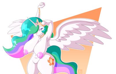 anthro big_breasts big_butt big_nipples breasts butt female genitals horn huge_breasts huge_butt jewelry necklace nipples solo standing stretching vulva wings jared_dillon friendship_is_magic hasbro my_little_pony mythology princess_celestia_(mlp) equid equine mammal mythological_creature mythological_equine winged_unicorn absurd_res hi_res