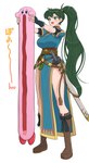 ambiguous_gender big_breasts black_hair blue_eyes breasts clothed clothing cursed_image duo female hair holding_object long_body melee_weapon not_furry open_mouth pink_body sword text tongue tongue_out weapon fire_emblem fire_emblem_the_blazing_blade kirby_(series) longcat nintendo kirby lyn_(fire_emblem) human mammal absurd_res hi_res japanese_text meme