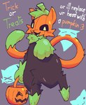 anthro big_butt black_eyes black_nose butt dark_body dark_fur dialogue feet food for_a_head fruit fur green_eyes green_feet green_paws holidays huge_thighs jack-o'-lantern long_tail male male/male plant pumpkin pumpkin_head solo tail text thick_thighs threatening_viewer trick_or_treat sluggycreaturepuffy halloween pumkat canid canine ghost goo_creature mammal object_head spirit english_text