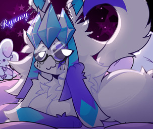 anthro bed bedroom_eyes big_breasts big_butt blue_body blue_fur breasts butt covering covering_breasts electricity eyewear female fluffy fluffy_butt fluffy_tail fur furniture glasses hand_on_head lightning_bolt narrowed_eyes neck_tuft nude nude_female plushie ryumy seductive tail thick_thighs tuft wearing_glasses white_body white_fur white_tail zephyzest nintendo pokemon fan_character eeveelution generation_4_pokemon glaceon pokemon_(species) hi_res