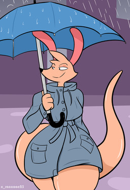 anthro big_breasts black_nose breasts clothing coat female front_view holding_object holding_umbrella huge_thighs long_ears long_tail looking_aside raincoat raining small_waist smile solo tail thick_tail thick_thighs topwear umbrella wide_hips c_racoon23 split_(kilinah) kangaroo macropod mammal marsupial hi_res
