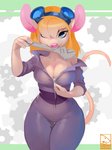 2020 5_fingers anthro bedroom_eyes big_breasts blonde_hair blue_eyes breasts chip_'n_dale_rescue_rangers cleavage clothed clothing disney eyewear eyewear_on_head female fingers gadget_hackwrench goggles goggles_on_head hair hi_res looking_at_viewer mammal mouse murid murine narrowed_eyes one_eye_closed pink_nose rodent seductive shnider solo tools unzipping wrench