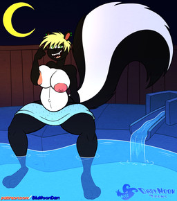 3_toes anthro areola belly big_belly big_breasts black_body black_fur black_nose blonde_hair breasts crescent_moon fangs feet female fur hair hindpaw hot_spring looking_at_viewer moon multicolored_body multicolored_fur navel night nipples nude nude_anthro nude_female open_mouth open_smile paws pink_areola pink_nipples pregnant pregnant_anthro pregnant_female sitting smile solo tail teeth toes tongue towel two_tone_body two_tone_fur water white_body white_fur blu3danny timeless amy_powers mammal mephitid skunk absurd_res hi_res