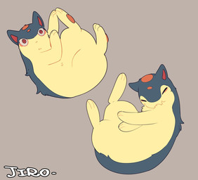 :< ambiguous_gender blue_body blue_fur eyes_closed feral fur looking_at_viewer multicolored_body pawpads paws red_eyes simple_background solo two_tone_body yellow_body yellow_fur batten12 nintendo pokemon generation_2_pokemon pokemon_(species) quilava 2026 hi_res signature