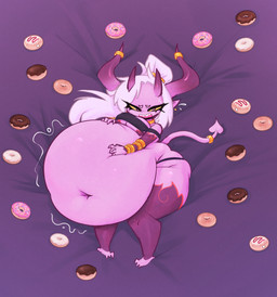 belly big_belly bodily_fluids bottom_heavy breasts chocolate_doughnut clothing dessert doughnut female food gesture hair hand_gesture hand_on_belly horn huge_belly huge_thighs humanoid_pointy_ears hyper hyper_belly lying medium_breasts motion_lines navel on_back overweight overweight_female overweight_humanoid panties pastry pear-shaped_figure pink_body pink_eyes pink_frosted_sprinkled_doughnut pink_skin pointing pointy_ears pupils questionable_consent rumbling_stomach sharp_teeth solo spade_tail sprinkles stuffing sweat sweatdrop tail teeth thick_thighs topwear under_boob underwear white_hair white_pupils wide_hips yellow_sclera mysterydad vile_(mysterydad) demon demon_humanoid horned_humanoid humanoid imp 2025 hi_res