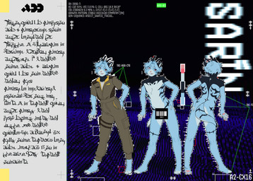 anthro barefoot black_body black_fur blue_body blue_fur blue_hair censor_bar censored_genitalia clothing coveralls feet fur hair jumpsuit male multicolored_body multicolored_fur nude solo standing text unintelligible camotinhio sarin_(camotinhio) absurd_res censored english_text hi_res model_sheet
