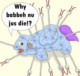 ambiguous_feral ambiguous_gender baby_talk blue_body bodily_fluids crying dialogue feral gore hooves impalement lying on_side open_mouth pain pained_expression purple_tail quadruped sewing_needle simple_background solo speech_bubble squish tail tears text yellow_background yellow_eyes young young_ambiguous young_feral carpdime fluffy_pony fluffy_pony_(species) mammal digital_media_(artwork) english_text shaded