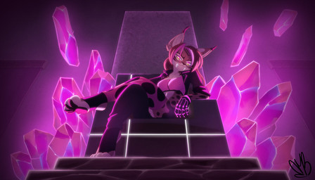 anthro bra breasts brown_body brown_fur brown_hair chair clothed clothed_anthro clothed_female clothing crossed_legs crystal ear_piercing fangs female fur furniture gloves glowing glowing_eyes hair handwear highlights_(coloring) jacket legwear looking_at_viewer multicolored_clothing multicolored_hair multicolored_legwear multicolored_thigh_highs on_chair piercing pink_bra pink_clothing pink_highlights pink_sports_bra pink_underwear sabertooth_(anatomy) sitting sitting_on_chair sitting_on_throne solo sports_bra stirrup_footwear teeth thigh_highs throne topwear two_tone_clothing two_tone_hair two_tone_legwear two_tone_thigh_highs underwear bmbrice zaide_(ashkelling) felid feline lynx mammal
