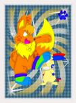 border clothing duo feet footwear fur green_eyes hindpaw legwear male orange_body orange_fur pattern_background paws pink_border simple_background socks yellow_body yellow_fur marquis2007 nintendo pokemon marquis_the_eevee canid canine eevee generation_1_pokemon generation_3_pokemon mammal minun plusle pokemon_(species) 3:4