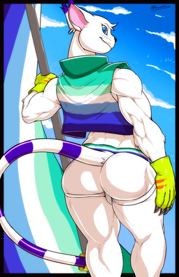 accessory anthro biped black_claws blue_eyes butt claws clothed clothing cloud cropped_jacket deltoids dipstick_ears ear_markings ear_piercing ear_ring flagpole furgonomics gloves gold_(metal) gold_jewelry gold_tail_ring handwear holding_object holding_pole jacket jewelry jockstrap lgbt_pride light looking_at_viewer looking_back male markings multicolored_clothing multicolored_ears multicolored_jacket multicolored_shirt multicolored_topwear muscular muscular_anthro muscular_male outside piercing pole presenting presenting_hindquarters pride_color_flag pride_colors purple_ear_tips purple_markings rear_view ring ring_piercing shirt simple_background skimpy sky skyscape solo sunlight tail tail_accessory tail_jewelry tail_ring tail_tuft text topwear triceps tuft underwear vincian_pride_colors white_body white_ears white_skin khayen bandai_namco digimon lgbt_pride_month michi_the_gatomon digimon_(species) domestic_cat felid feline felis gatomon mammal 2025 absurd_res artist_name digital_drawing_(artwork) digital_media_(artwork) hi_res