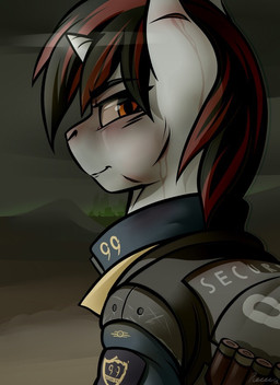 alternate_universe amber_eyes black_mane female feral fur horn mane multicolored_mane red_mane scar solo vault_suit white_body white_fur whitepone fallout fallout_equestria foe:_project_horizons friendship_is_magic hasbro microsoft my_little_pony mythology blackjack_(fallout_equestria) fan_character equid equine horse mammal mythological_creature mythological_equine pony unicorn crossover