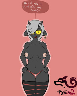 anthro areola asking asking_viewer big_breasts black_body breasts clothed clothing dialogue ear_piercing female front-print_panties front_view glowing glowing_eyes grey_hair hair heart_clothing heart_panties heart_print heart_print_panties heart_print_underwear heart_symbol heart_underwear horn humanoid_hands legwear looking_at_viewer nipples panties piercing pink_nipples print_clothing print_panties print_underwear question simple_background solo speech_bubble stockings talking_to_viewer text topless underwear wide_hips yellow_eyes yes-no_question tleatlnox59 passy_(tleatlnox59) bovid caprine goat mammal 4:5 absurd_res digital_media_(artwork) english_text hi_res portrait three-quarter_portrait