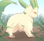 3sthrees anus blush bodily_fluids butt crouching eeveelution female feral generation_4_pokemon genitals hi_res leafeon narrowed_eyes nintendo outside pokemon pokemon_(species) pussy raised_tail rear_view solo sweat tail